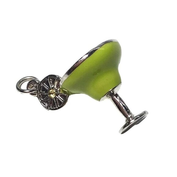 Margarita Glass Charm Green Enamel Lime Detail Silver Tone - Picture 1 of 2